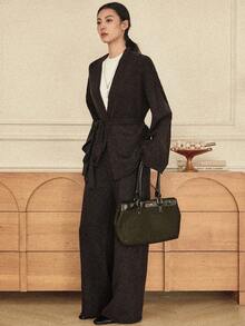 Dazy-Less 女士宽松商务休闲针织开衫和直筒休闲裤两件套西装，秋冬 - 軍綠色 - 查看 5