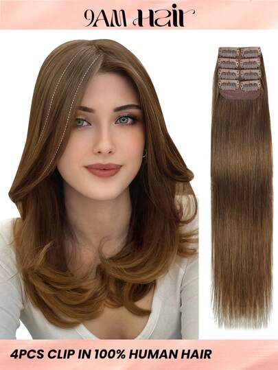 4 件装 8 个夹子 直发接发 100% 真人发色 4# 浅棕色 12-18 英寸双纬隐形接发 雷米天然真人发 适合女性女孩日常全头使用