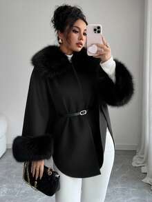 Rafferiza Áo khoác nữ cổ trùm đầu, thắt eo thanh lịch chất lượng cao, thời trang cho mùa thu/đông - màu đen - Xem 3