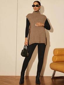 MaterniWear Fall, Maternity Autumn/Winter Solid Color Minimalist Everyday Turtleneck Sweater Vest - Khaki - View 6