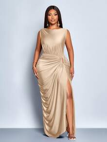 SOLERSUN Women's Plus Size Elegant Solid Color Pleated Hollow Out Fashion Metal Ring Buckle Niche Design Gathered Ruched Slit Sleeveless Long Maxi Dress Fall And Winter, Casual, Party, Bridesmaid, Halloween , Christmas, New Year's Eve, Holiday Clothing,Cocoon Wrap Design Dress,Graduation Dress,Elegant Dresses For Women,Fall Outfits Women,Winter Dresses For Womwen,New Year Look,Prom Dress,Brown Dress - Apricot - View 3