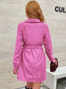 SHEIN LUNE Đầm sơ mi tay dài đơn sắc thiết kế thắt lưng eo đơn giản dành cho nữ - Màu Hồng Tươi - Xem 2