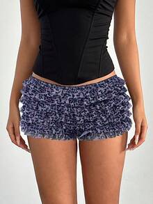 Aloruh 女士时尚蕾丝边蝴蝶结豹纹印花网眼多层荷叶边下摆超短裤，适合音乐节、春夏季 - 紫色 - 查看 4