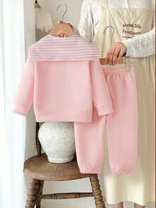2 件套女婴度假休闲套装：圆领长袖运动衫 + 条纹披肩和卷边裤运动服，时尚百搭户外 - 粉色 - 查看 2
