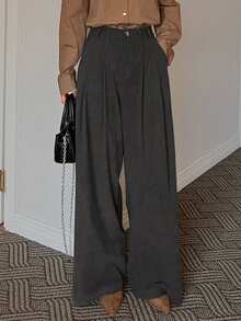 DAZY Women's Solid Color Pleated Pocket Wide Leg Loose Casual Pants - Dark Grey - View 4