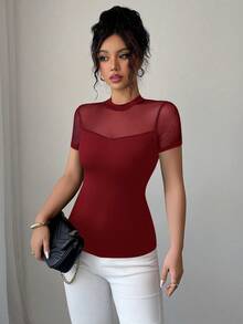 Elenzga Women's 2025 Summer Solid Color Versatile Mesh Patchwork Round Neck Short Sleeve T-Shirt - Burgundy - View 6