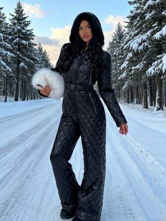 Muchica Women's Thick Quilted Black Padded Coat, Suitable For Skiing, Autumn/Winter