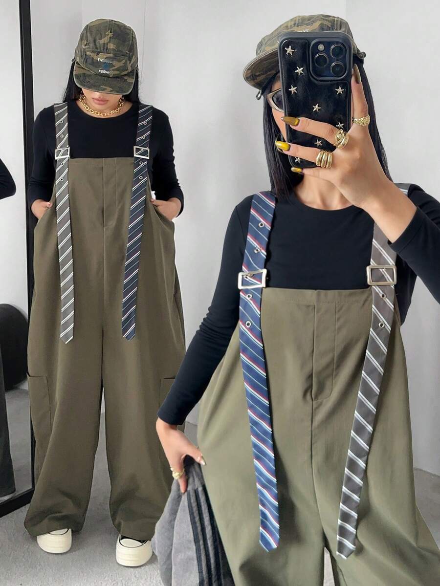 Vibekara 大码女式条纹工装裤，撞色口袋，休闲街头风格，适合度假、约会、派对、秋冬 - 軍綠色 - 查看 1