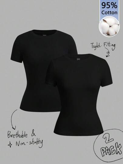 Tseoso 2pcs Black Short Sleeve T-Shirt Set, Casual & Simple, Suitable For Autumn, Winter, Spring & Summer, 95% Cotton, Versatile