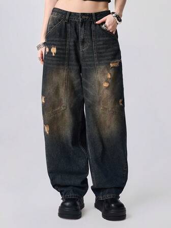 Grunge Punk Jeans da donna vita bassa oversize stile Y2K vintage con strappi