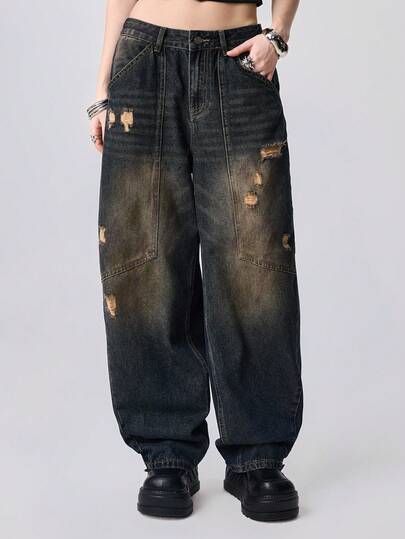 Grunge Punk Y2K Streetwear Retro Low-Waist Baggy Distressed Women Low Waist Jeans