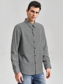 Officeau Camisa de vestir de manga larga con estampado de rayas, de estilo casual elegante para hombres, apta para primavera y verano - Negro - Ver 5