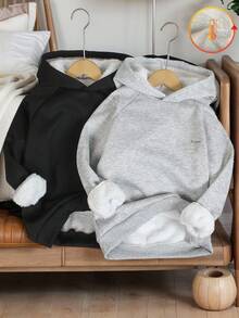 2pcs/Set Tween Boys Thermal Lined Hooded Sweatshirt, Gray & Black, English Print, Fashion Minimalist Classic Color Combo, Suitable For Autumn/Winter