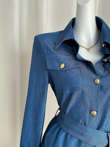 Celisse 2pcs/Set Women Faux Denim Metal Button Belted Long Sleeve Shirt And Shorts Casual Outfit - Blue - View 3