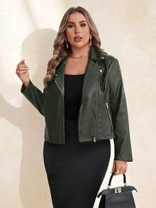 SHEIN Clasi Plus Size Women's PU Leather Motorcycle Jacket With Metal Zipper Decor, Autumn/Winter - Green - View 1