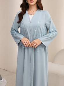 Al Najma 女士宽松优雅水钻装饰长袍，黑色 - 綠色 - 查看 3