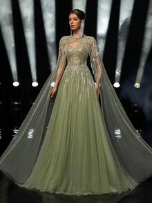 Glamrae 优雅奢华的草绿色串珠亮片花卉可拆卸泡泡袖露肩长裙，适合婚礼、派对、度假、庆典、正式活动（大量装饰） - 草綠色 - 查看 7