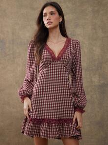 WESTFADE 混合材质刺绣格子与花卉蕾丝 V 领喇叭袖蝴蝶结后背镂空分层连衣裙 秋季、秋季、冬季、波西米亚风、休闲、可爱、西部风、乡村风、节日、感恩节 - 酒紅色 - 查看 3