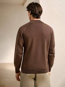 RONVEXI 男士纯色立领半拉链休闲长袖套头毛衣，棕色，冬季 - 彩色 - 查看 3