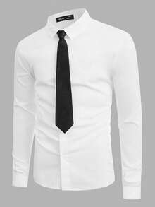 SWAVVY Men Casual Solid Button Up Shirt With Tie, Fall, Couple Things - White - View 3