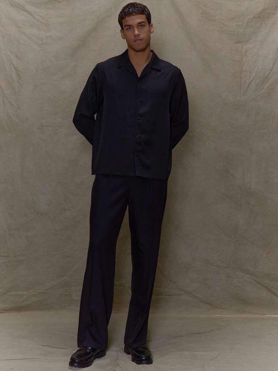 Musero 男士直筒褶裥修身西裤,纽扣开合,适合秋冬春夏穿着。 - 黑色 - 查看 1