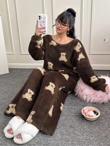 CovetEZ Christmas 2pcs/Set Autumn/Winter New Cartoon Bear Pattern Plush Oblique Shoulder Hoodie And Pants Casual Cute Plus Size Outfit Comfy Set - Brown - View 4