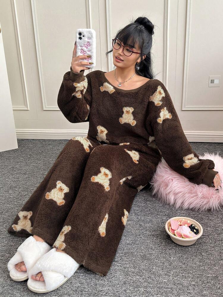 CovetEZ 2 pièces/Set Nouveau motif de nounours en peluche pour l'automne/hiver. Ensemble décontracté mignon avec capuche à épaule oblique et pantalon. grande taille - Tabac - Voir 4