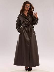 SHEIN BAE Women's Solid Color Lapel NeckRaglan Sleeve Pocket Belted Casual Commuter Trench Coat, Autumn,Winter Clothes For Women - Coffee Brown - View 7