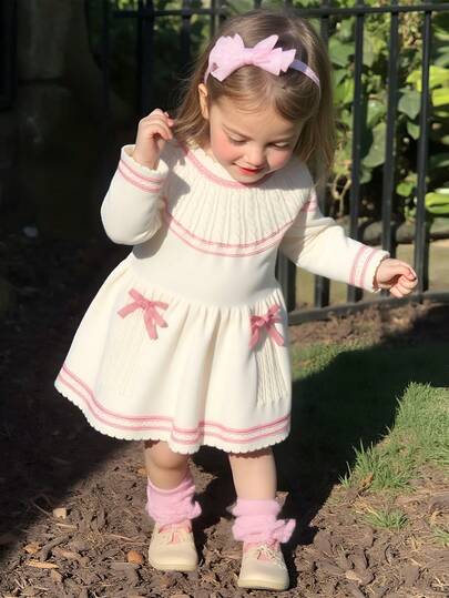 SHEIN Playful Pals Vestido de suéter holgado con cuello redondo, botones en la espalda, lazo decorativo y contraste de color para bebés y niñas, suave y cómodo, adecuado para primavera/otoño, uso diario, al aire libre, viajes, vacaciones, hogar, guardería y juegos de niñas en invierno, Navidad, Halloween. Cárdigan, suéter, jersey, parte superior, vestido, vestidos, suéter de Navidad, acogedor, pixies, preparación, atuendo de Navidad, Halloween