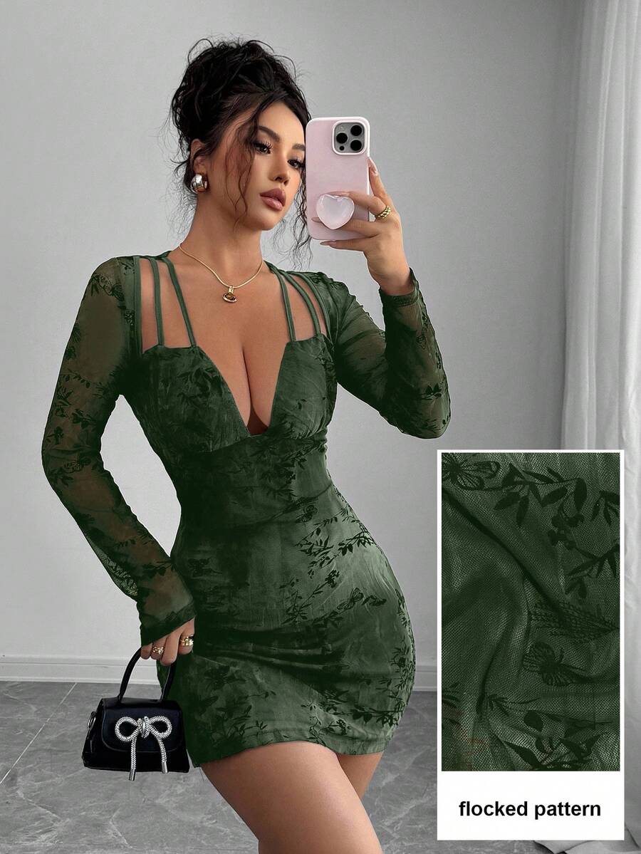 Modelyn Sexy Mesh Jacquard Hollow-Out Long Sleeve Women Dress - Army Green - View 1