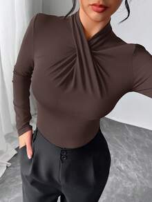 Firerie Bodysuit Kerah Ruffle Merah yang Elegan, Modern & Seksi, Serbaguna untuk Kasual, di Rumah & Berjejaring, Musim Gugur/Dingin, Pakaian Musim Gugur untuk Wanita - Coffee Brown - View 7