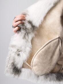 ROMWE EDITION Women's Colorblock Long Sleeve Loose Faux Fur Jacket, Winter - White - View 11