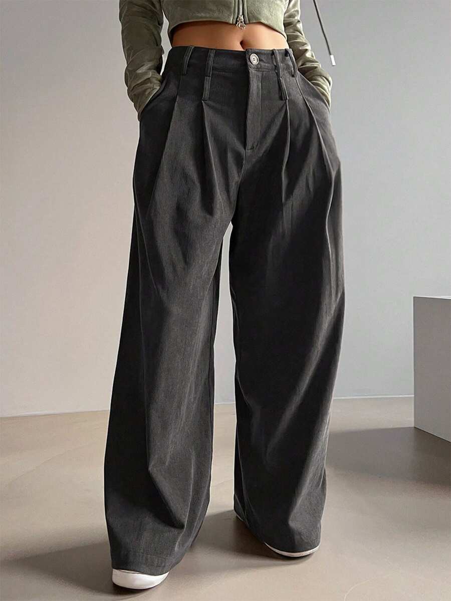 DAZY Women's Solid Color Pleated Pocket Wide Leg Loose Casual Pants - Dark Grey - View 1