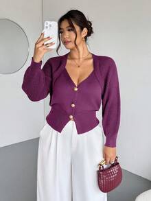 Firerie Plus Size Solid Color Front Button Long Sleeve Casual Knit Cardigan In Fall/Winter Office Old Money