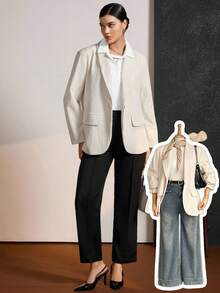 SHEIN LUNE Plus Size Single-Breasted Blazer For Women In Autumn And Winter, Suitable For Commuting, Autumn Casual Commuting Suit Jacket, Versatile Single Item, Apricot Suit Jacket, Women's Casual Waist-Length Long-Sleeved Lapel Thin Suit Jacket, Apricot, Autumn And Winter Old Money, Simple & Fashionable New Year Thanksgiving For Women Texture Fabric - Beige - View 3