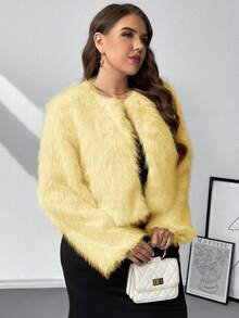 SHEIN Privé 秋冬大码女式仿皮草无领夹克 - 鵝黃色 - 查看 9