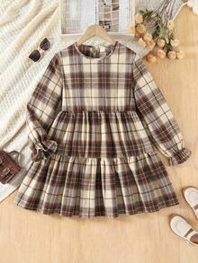 Emery Rose Kids Emery Rose Kids 少女复古格子圆领泡泡袖修身休闲A字连衣裙，优雅学院风，复古百搭，全新春秋冬系列，女童服饰，妈妈姐妹的完美搭配。返校季。 - 棕色 - 查看 3