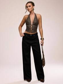 SHEIN BAE 女式纯色简约露背吊带背心 - 巧克力棕 - 查看 5