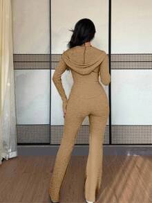 Rafferiza 2 件套女式休闲连帽运动衫，带口袋和罗纹喇叭裤套装，适合日常穿着，秋冬 - 棕色 - 查看 2