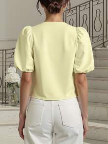 SHEIN Unity Solid Color Round Neck Front Button Casual Short Sleeve Blouse, Butter Yellow Cute Top - Yellow - View 2