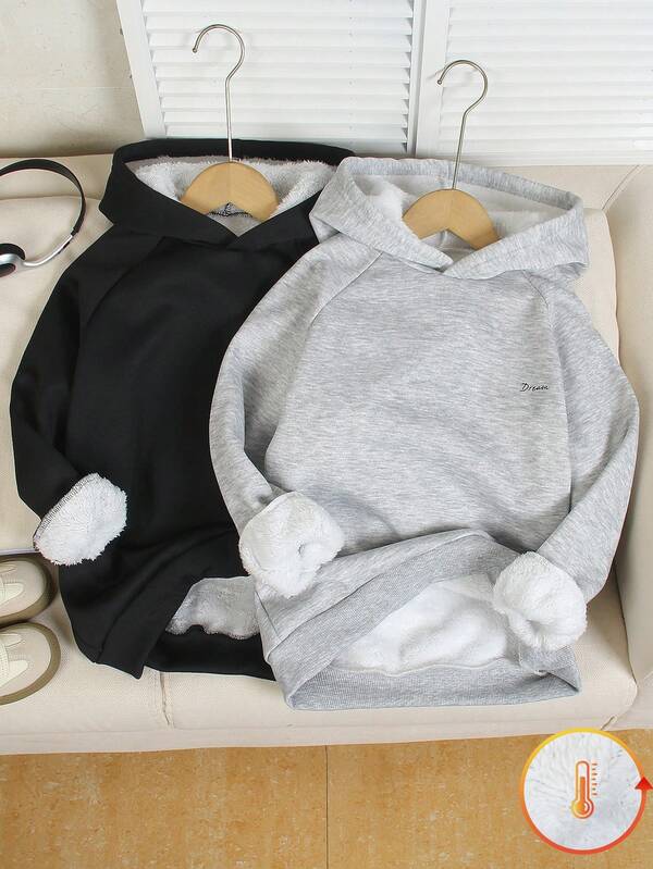 2pcs/Set Tween Boys Fleece Lined Hooded Sweatshirt, Gray & Black, English Print, Fashion Minimalist Classic Color Combo, Suitable For Autumn/Winter