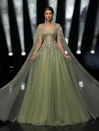 Glamrae Elegant Luxurious Grass Green Beaded & Sequin Floral Detachable Puff Sleeve Strapless Maxi Dress, Suitable For Weddings, Parties, Vacations, Galas, Formal Events (Heavily Embellished)