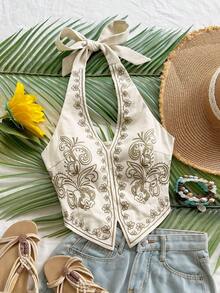 Soleia 杏色底黑色花卉刺绣露背蝴蝶结短款背心，适合音乐节 - 米色 - 查看 3