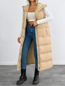 EURMUSE Solid Color Hooded Sleeveless Pockets Long Hooded Padded Coat - Beige - View 1
