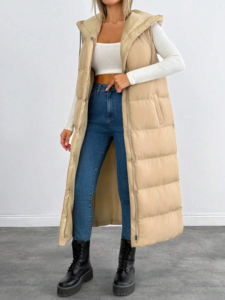EURMUSE Solid Color Hooded Sleeveless Pockets Long Hooded Padded Coat - Beige - View 1