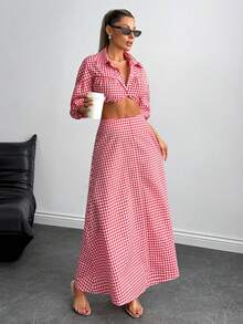 SHEIN Cottnline 女士两件套格纹衬衫和裙子套装 - 紅色 - 查看 6