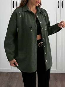 EURMUSE Solid Color , Rhinestone Details, Over Shirt Jacket - Army Green - View 6