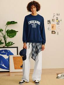 Open Phase 男士花卉字体复古美式圆领卫衣 | 芝加哥字母印花 | 休闲街头服饰，秋冬 - 藏蓝色 - 查看 4