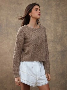 WESTFADE Mocha Brown Cable Knit Cardigan,Women's Round Neck Button Front Relaxed Fit Mixed Stitch Cropped Sweater,Cute Autumn Casual Winter Boho Occasion Top - Camel - View 4