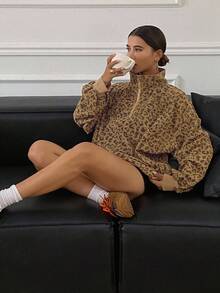 DAZY 女式灯芯绒豹纹半拉链套头衫，休闲街头风格，秋冬 - 卡其色 - 查看 4